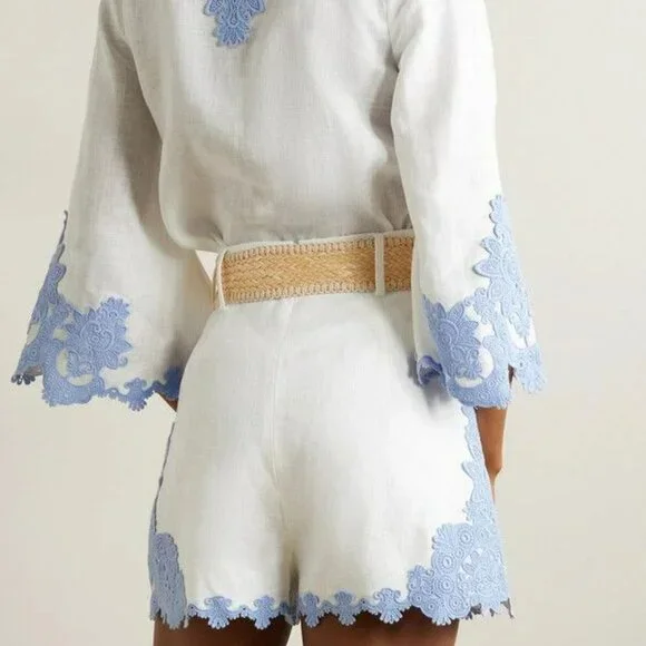 NWT - Zimmermann Raie Belted Appliquéd Lace-Trimmed Linen Shorts, Size 8 (US) - Picture 3 of 9